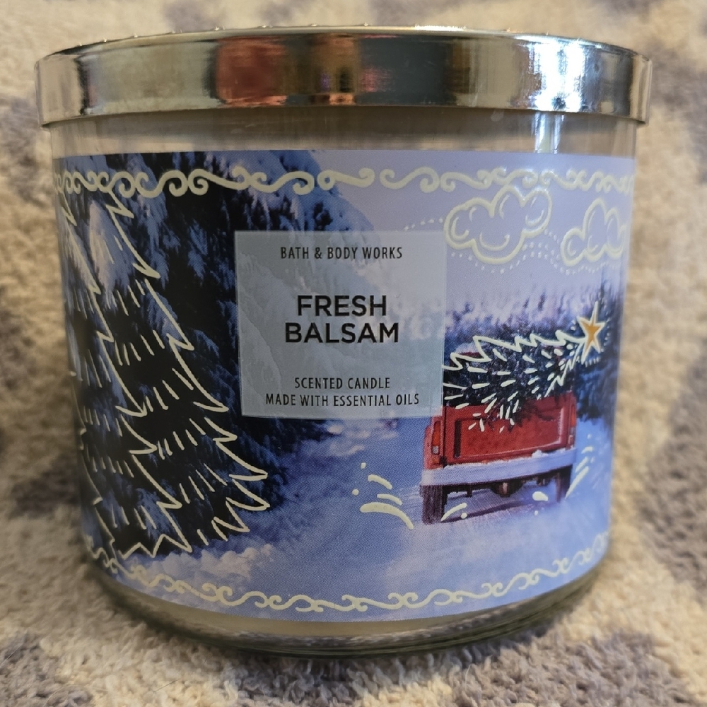 Bath & Body Works Fresh Balsam 3 Wick Candle with Winter Scene- New